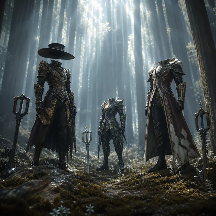 Three empty suits of armour and key-shaped swords in a sunlit forest