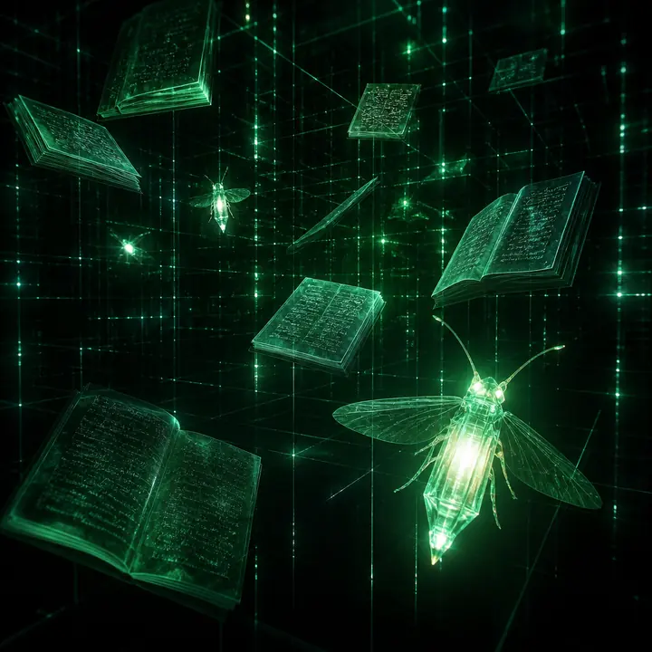 A journal and glowing data fragments on a wooden desk