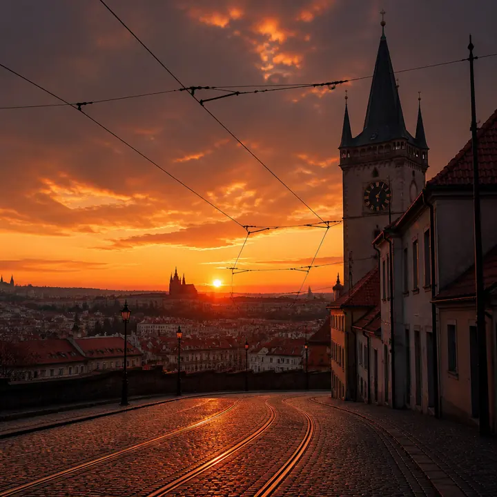 A clock tower over a town of orange rooftops at dusk