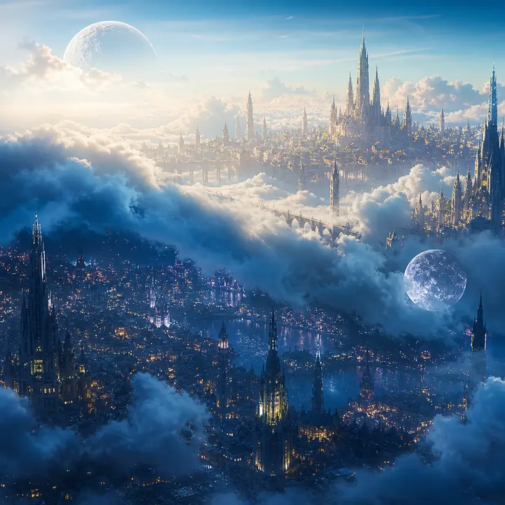 A dream city of floating streets under two moons