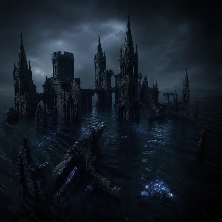 A flooded dark corridor of glass and black water