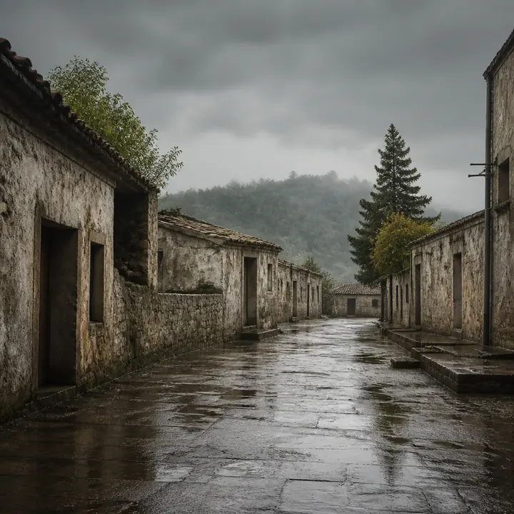 Empty rebuilt streets after rain