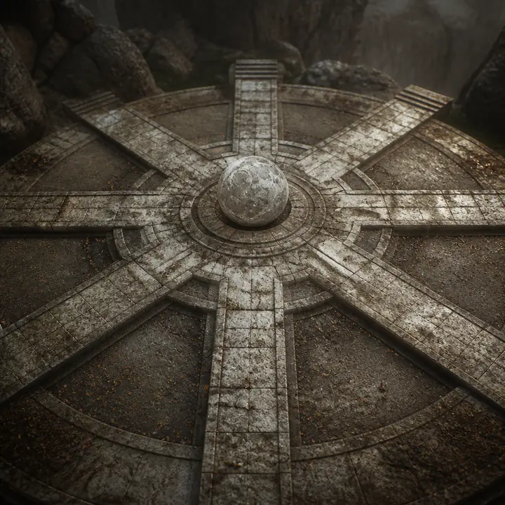 Six stone paths around a sealed moon-like sphere