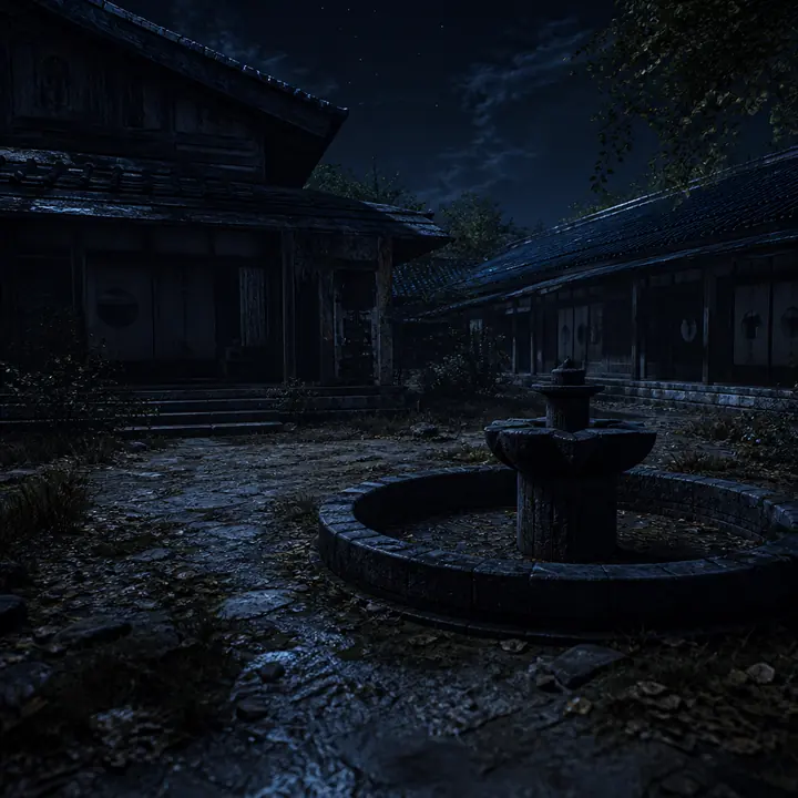An abandoned wooden compound at night
