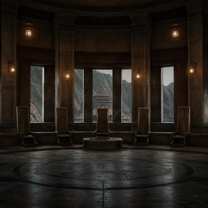 A stone summit hall of empty high-backed chairs