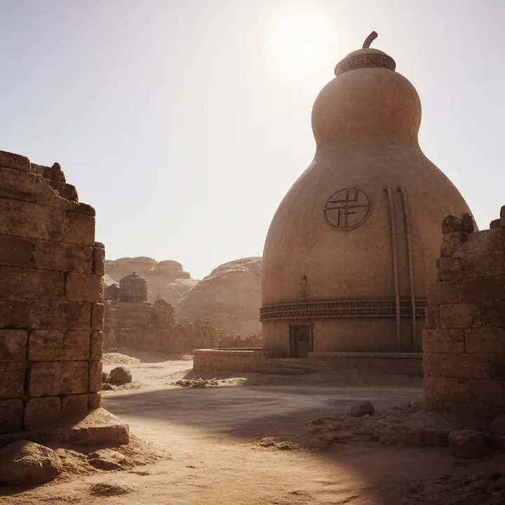 A sand village of sandstone walls under a white sun