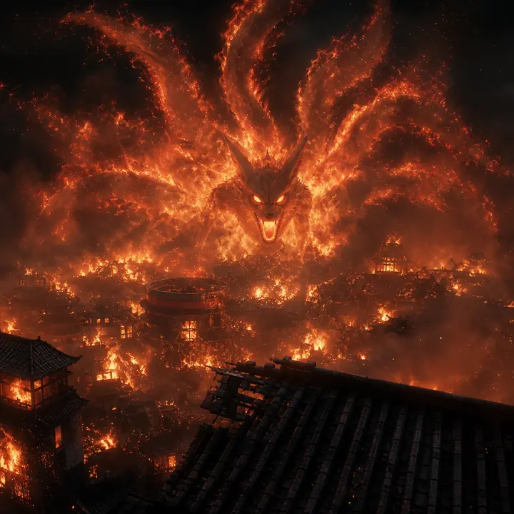 A ninja village on fire under a nine-tailed shape of flame