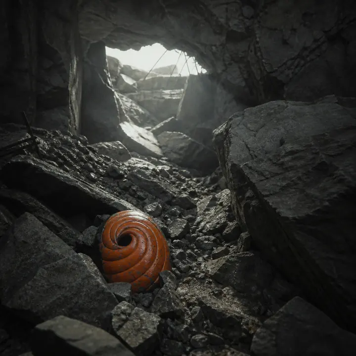 A collapsed rocky tunnel and a cracked orange swirl mask