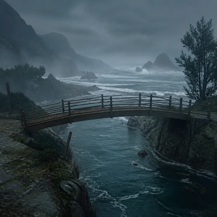 A wooden bridge path through wet forest