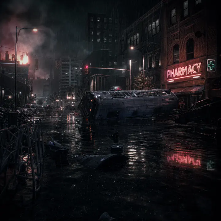 A ruined American street in heavy rain