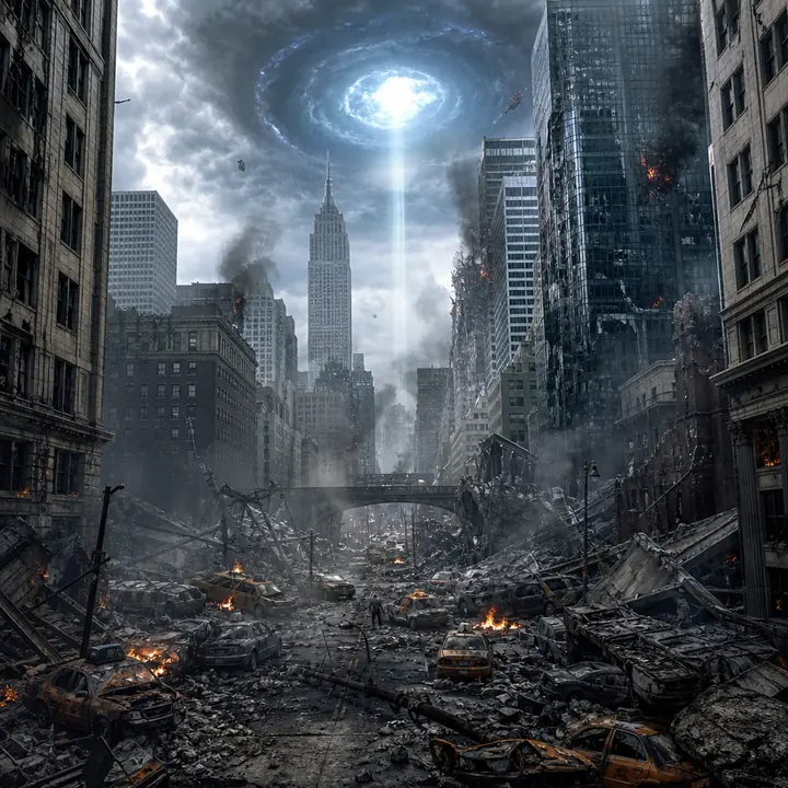 A ruined Manhattan avenue with a glowing sky portal