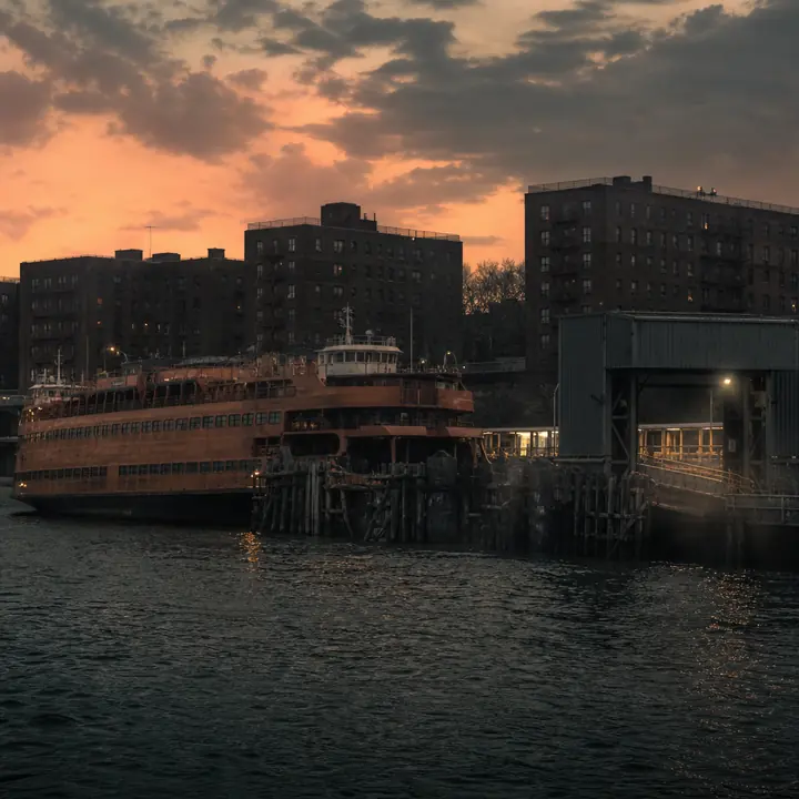 Brick walk-ups and a damaged ferry at dusk
