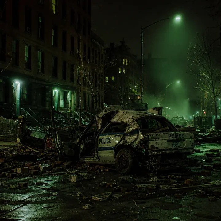 A smashed city street at night in green haze