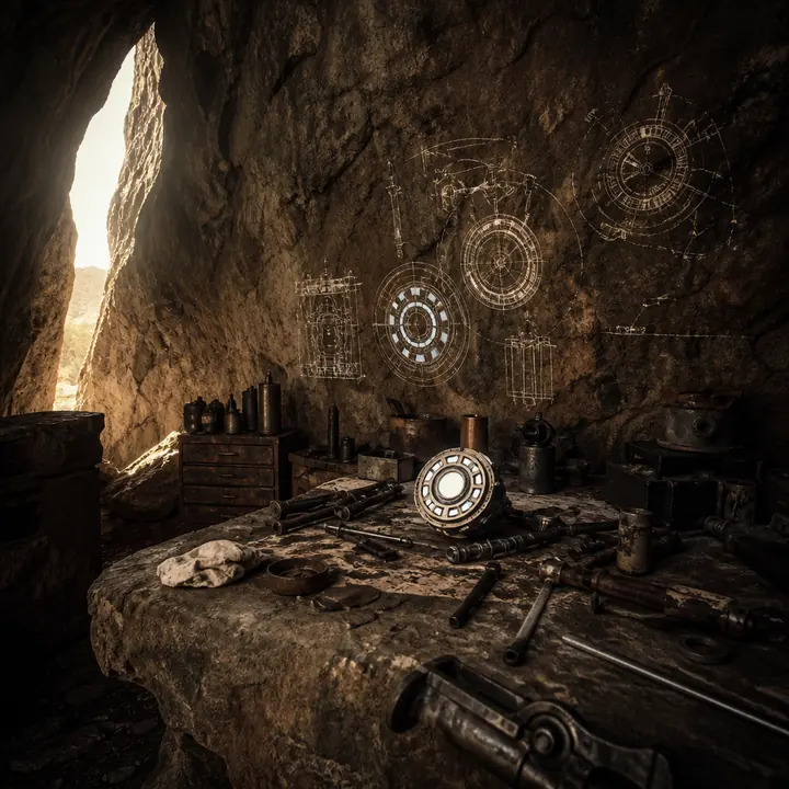 A cave workshop with a circular glow on stone