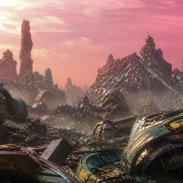 A junkyard planet of stacked wreckage under a pink sky