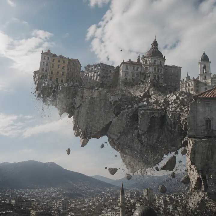A floating city fragment cracking apart in blue sky